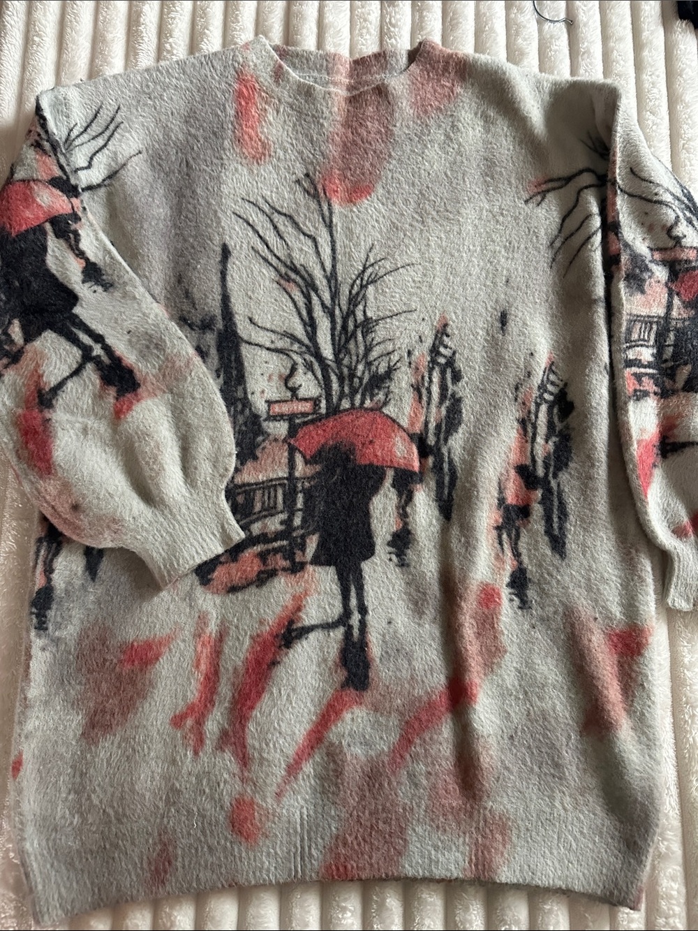Women’s Cream Sweater with Pink and Black Urban Scene Print